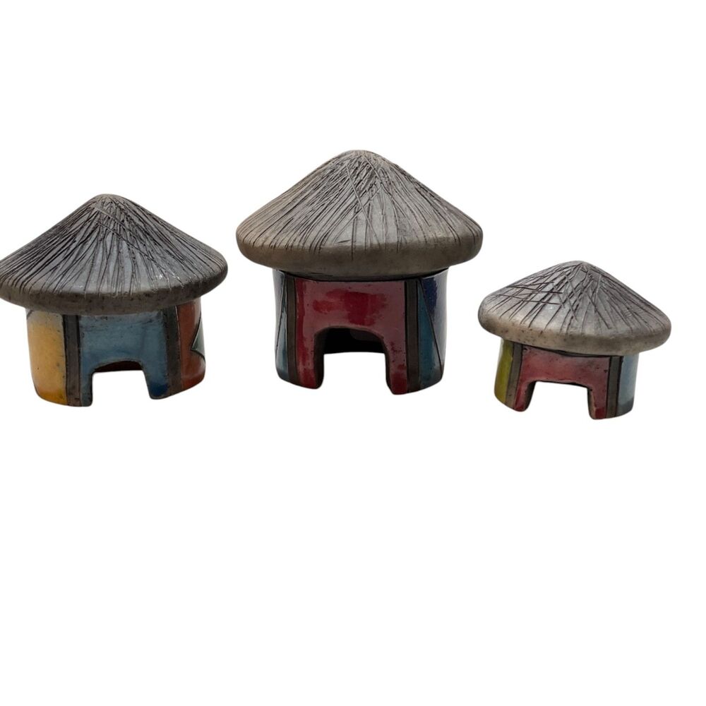 Tribal Huts South African Raku Pottery Set of Three Vintage Handmade